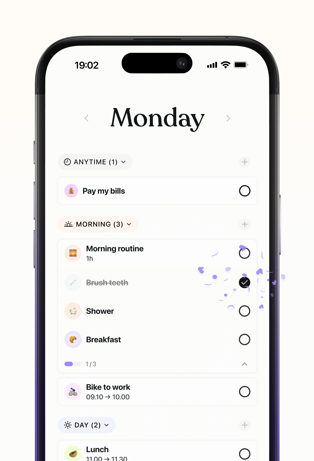 Tiimo 手機日檢視:以 Anytime、Morning、Day 等時段分組